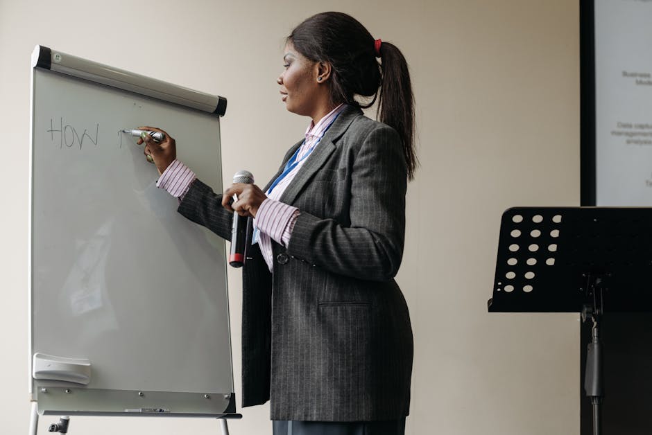 Confident businesswoman presenting ideas on a whiteboard during a seminar - demonstrating professional coaching presentation skills